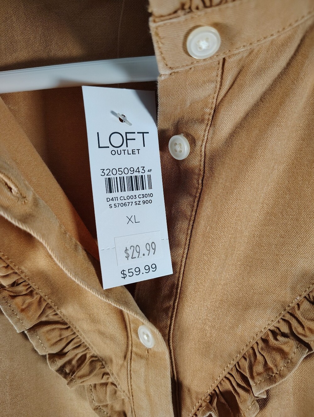 NWT LOFT Women's Ruffle Trim Button-Down Shirt - Camel Brown - Picture 4 of 7